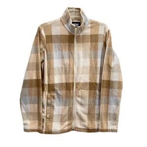 Lands' End Fleece Full Zip Jacket Women Size Large 14-16 Plaid Tan Beige
